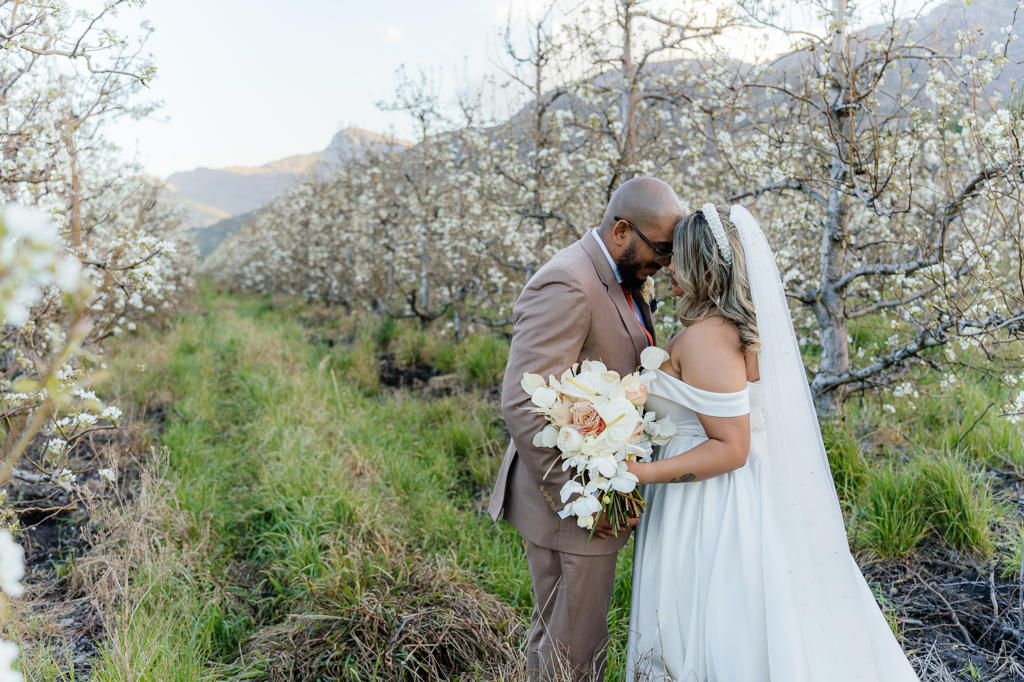 Bride and groom forehead to forehead in a blossoming orchard, Ulrich and Keshia's wedding
