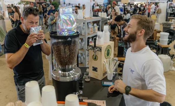 Festival-goers gathered at the Kort Coffee stand, Kort Coffee