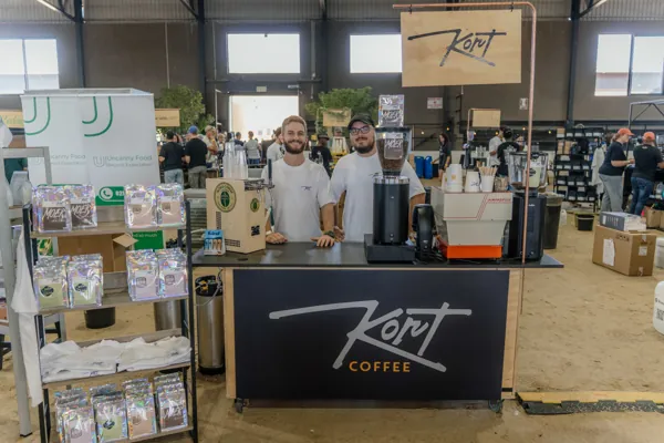 The Kort Coffee stand with its bags of beans on display