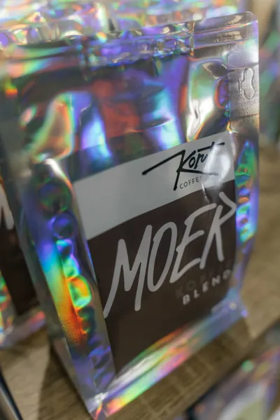 A holographic bag of Kort Coffee&rsquo;s Moer blend